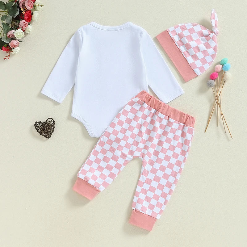 Baby Boys Girls 3Pcs Lil Bro / Sis Fall Outfit Letter Embroidery Long Sleeve Romper Checkered Print Pants Beanie Hat Set