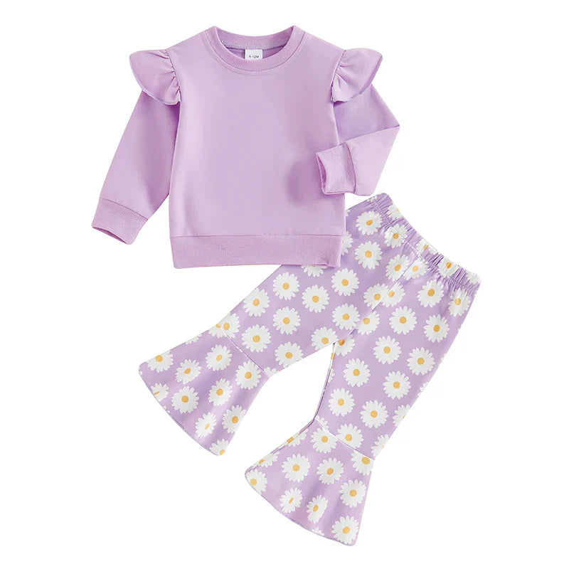 Toddler Kids Girls 2Pcs Fall Outfit Flying Sleeve Solid Color Pullover Top with Flower Floral Flared Pants Set