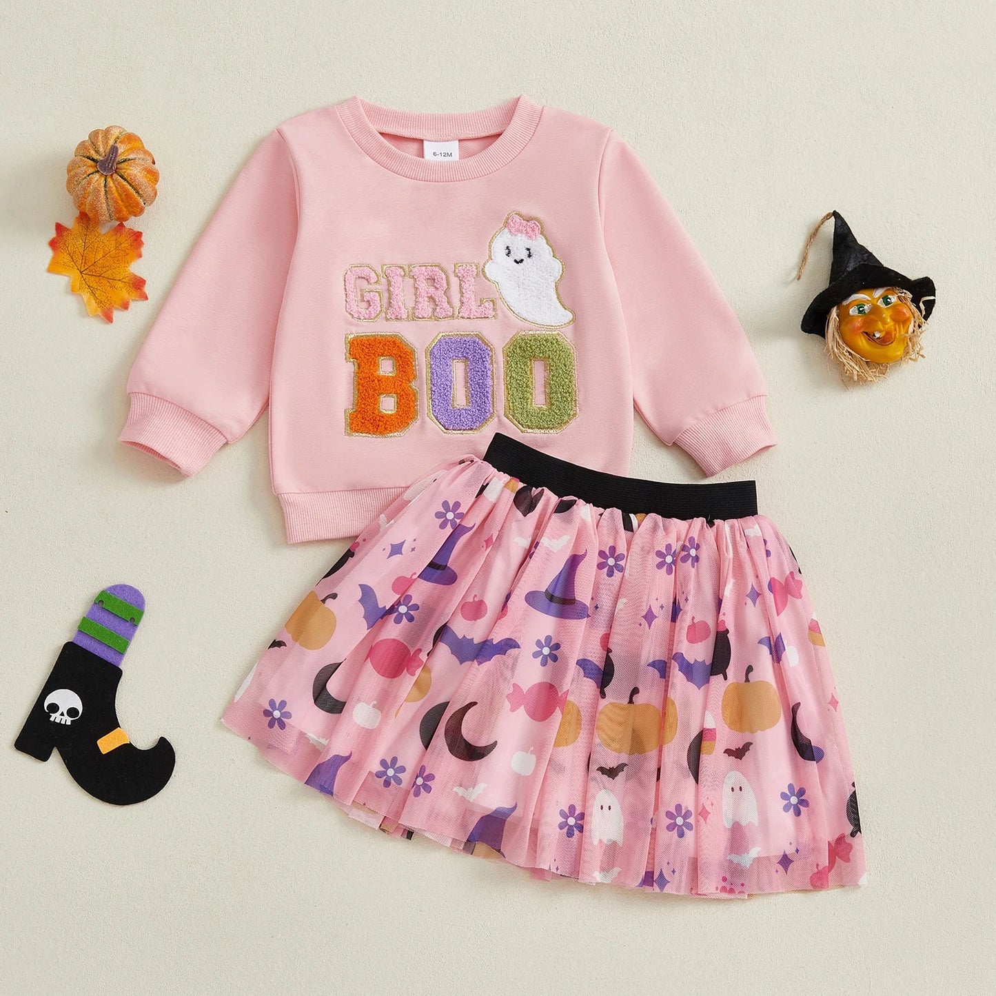 Baby Toddler Girls 2Pcs Girl Boo Halloween Outfit Long Sleeve Letter Ghost Embroidery Tops A-line Tulle Skirt Set