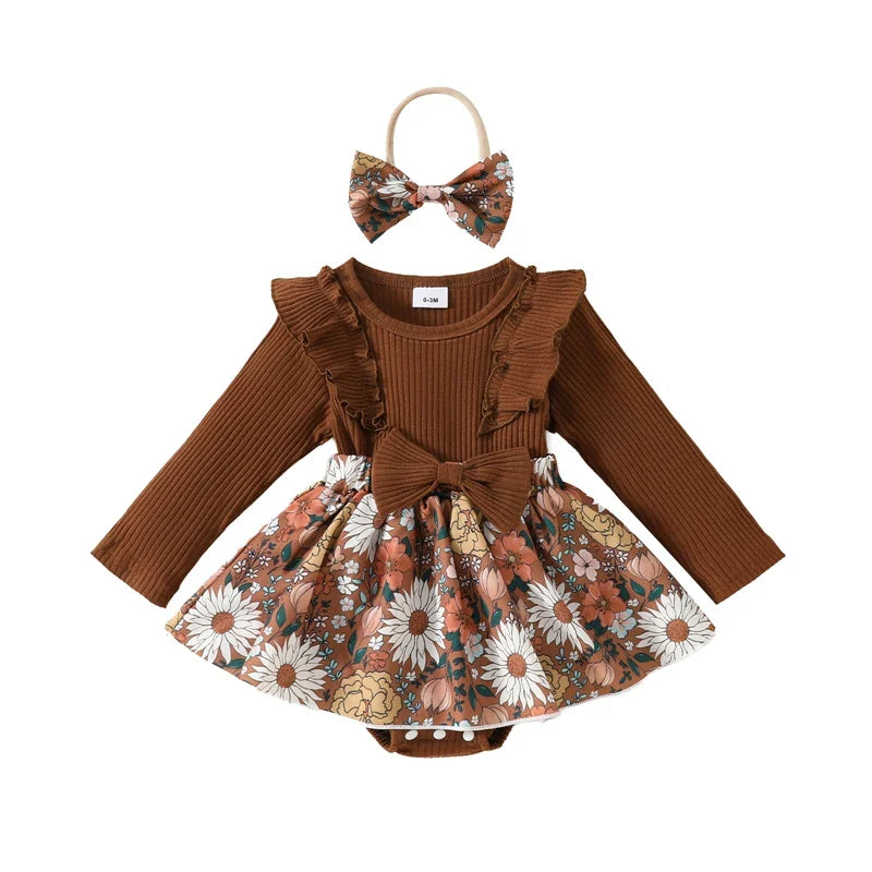 Baby Toddler Girls 2Pcs Fall Outfit Flower Print Ruffle Trim Long Sleeve Romper Dress Skirt Bow Headband Set
