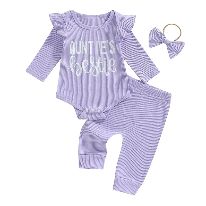 Baby Girls 3Pcs Auntie's Bestie Ribbed Letter Print Long Sleeve Round Neck Ruffled Romper Pants Hair Band Outfit Set