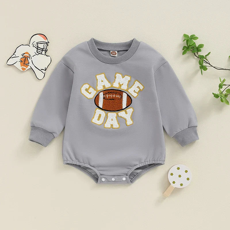 Baby Boys Girls Game Day Fall Bodysuit Letter Football Embroidery Long Sleeve Round Neck Jumpsuit Romper