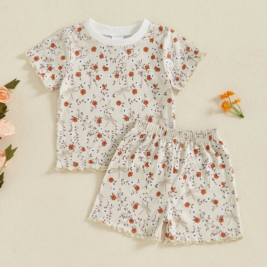 Baby Toddler Girls 2Pcs Set Floral Print Lettuce Trim Short Sleeve T-shirt Top Elastic Waist Shorts Summer Clothes Outfit