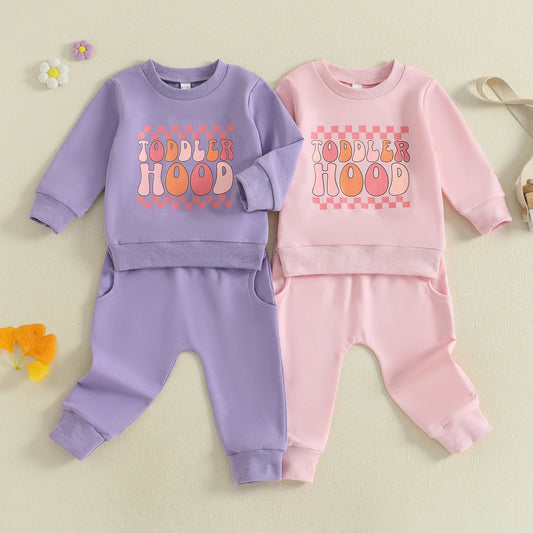 Baby Toddler Girls 2Pcs Toddler Hood Outfit Letters Print Long Sleeve Crew Neck Top with Elastic Waist Pants Fall Clothes Jogger Set