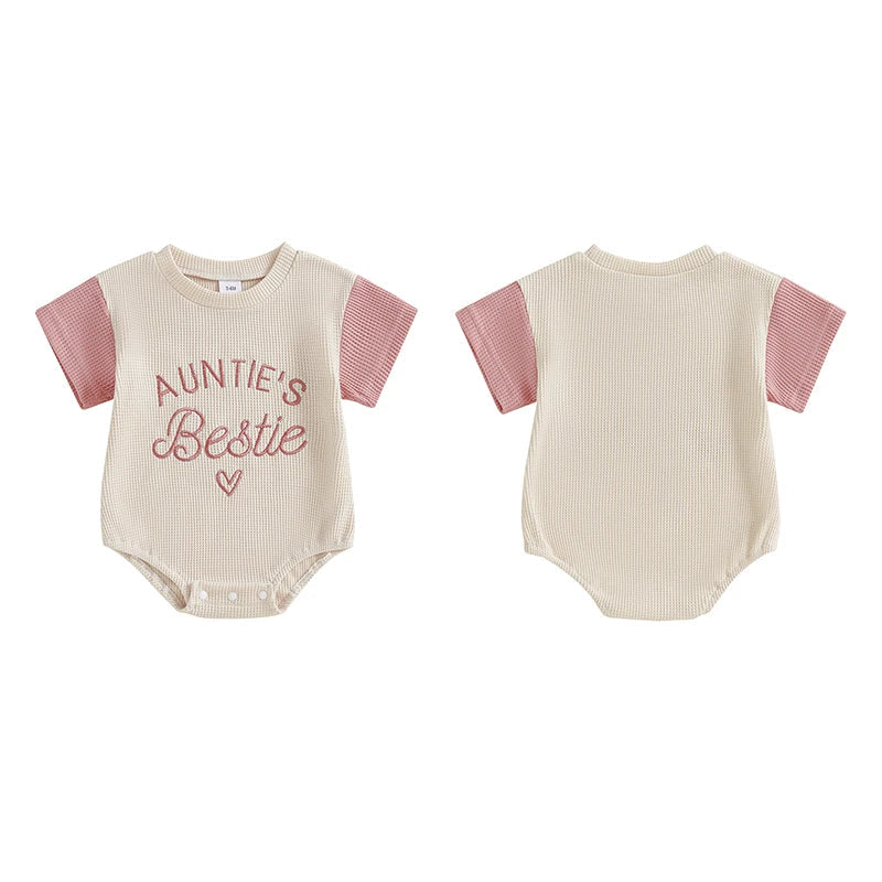 Baby Girl Auntie's Bestie Romper Contrast Color Letter Embroidery Waffle Crew Neck Short Sleeve Jumpsuit