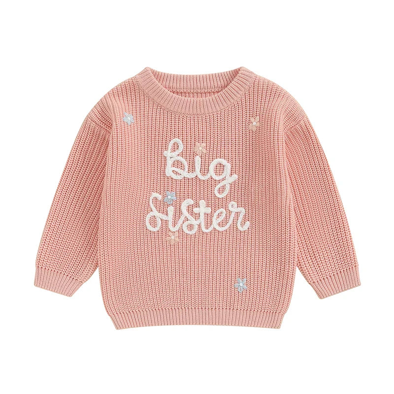 Toddler Kids Girl Big Sister Sweater Cute Long Sleeve Letter Embroidery Knit Pullover Loose Top