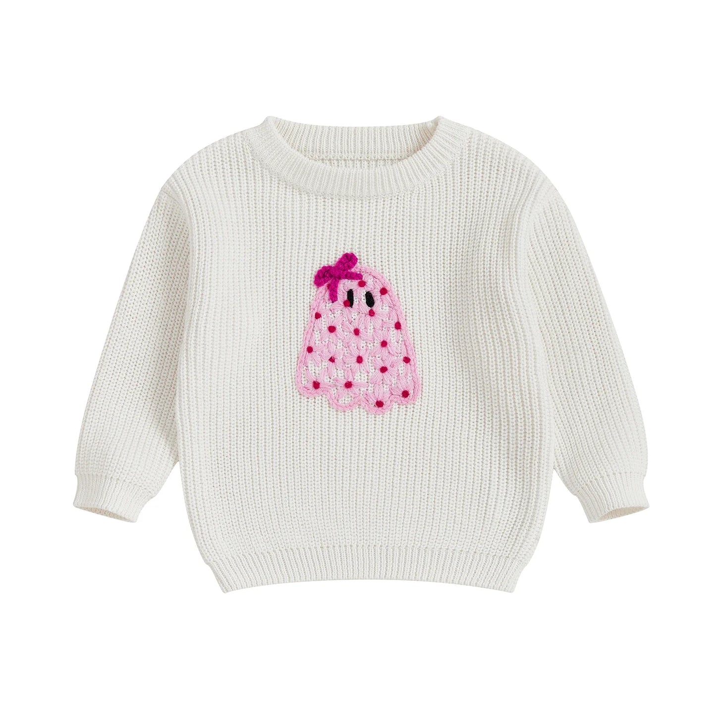 Baby Toddler Kids Girl Halloween Sweater Long Sleeve Round Neck Ghost Flower Embroidery Knit Pullover Top