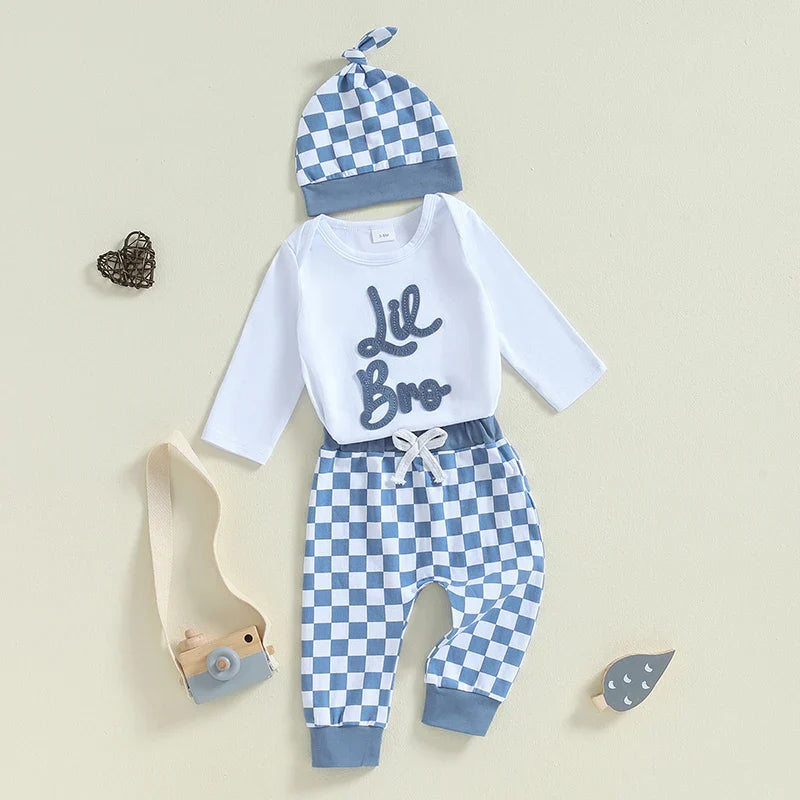 Baby Boys Girls 3Pcs Lil Bro / Sis Fall Outfit Letter Embroidery Long Sleeve Romper Checkered Print Pants Beanie Hat Set