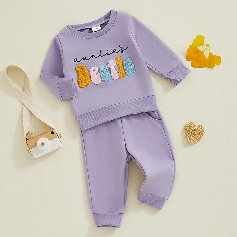 Baby Toddler Girls 2Pcs Auntie's Bestie Outfit Long Sleeve Crew Neck Embroidery Letter Top with Elastic Waist Pants Clothes Jogger Set