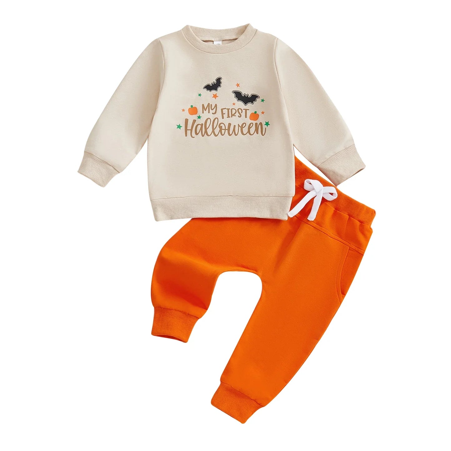 Baby Toddler Boys 2Pcs My First Halloween Outfit Letter Print Long Sleeve Top with Bat Embroidered Jogger Pants Set