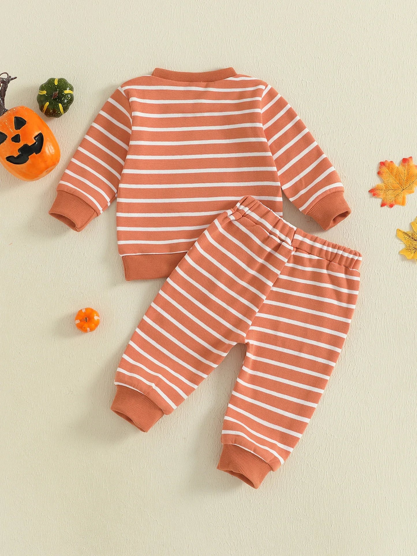 Baby Toddler Boys 2Pcs Halloween Outfit Stripe Pumpkin Embroidery Long Sleeve Top and Long Jogger Pants Clothes Set