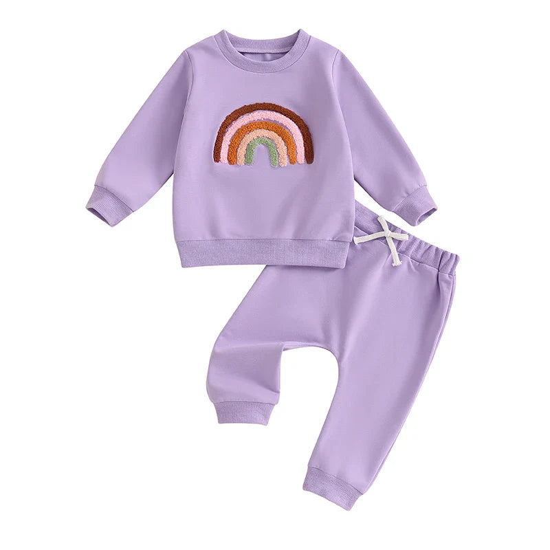 Baby Toddler Girls 2Pcs Outfit Embroidery Rainbow Long Sleeve Crew Neck Top with Elastic Waist Pants Set