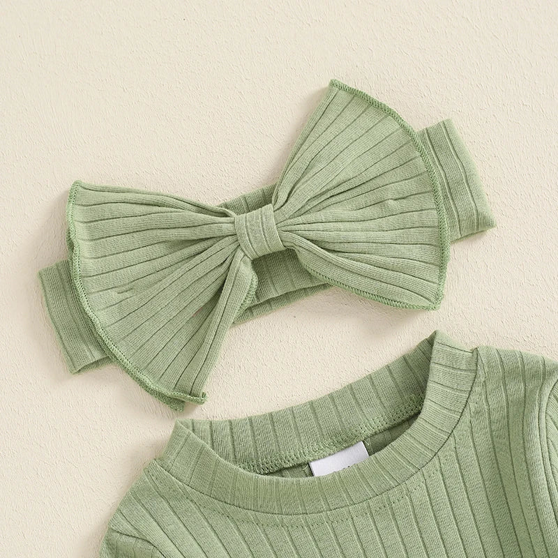 Baby Girls 2Pcs Fall Outfit Long Sleeve Round Neck Ribbed Full Leg Jumpsuit with Headband Set