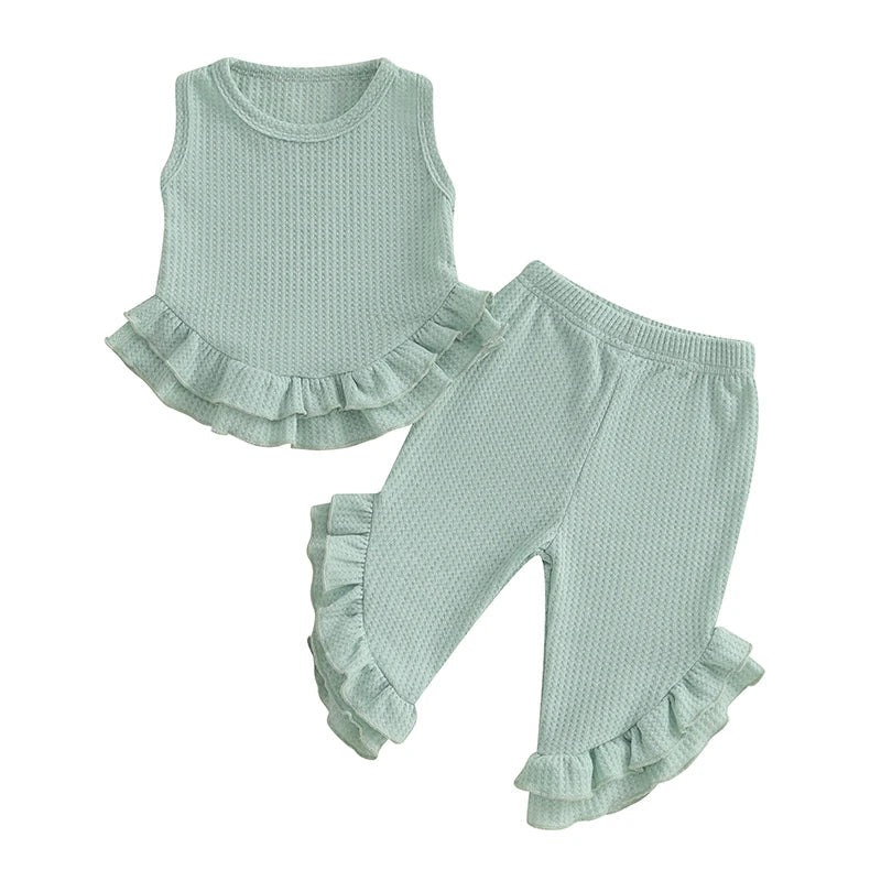 Baby Toddler Girl 2Pcs Summer Outfit Solid Waffle Round Neck Ruffled Tank Top with Long Pants Set