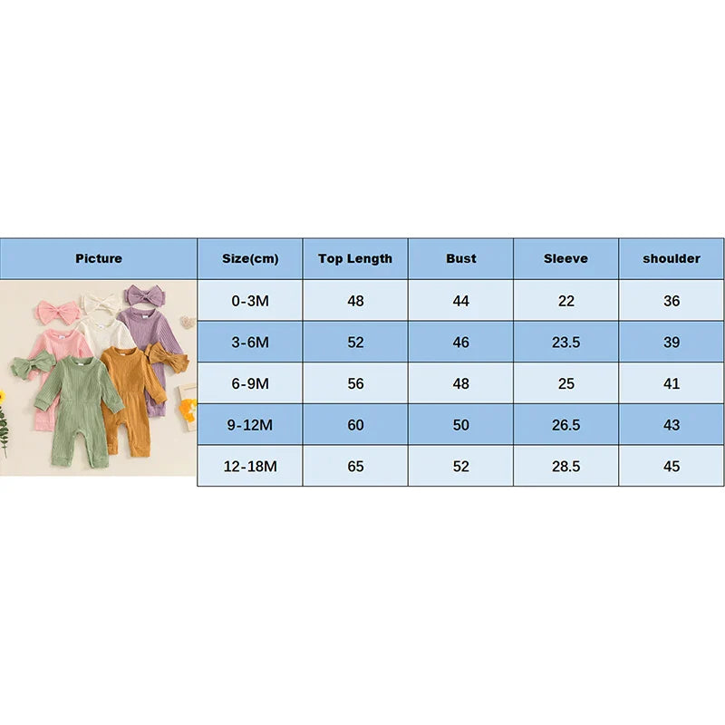 Baby Girls 2Pcs Fall Outfit Long Sleeve Round Neck Ribbed Full Leg Jumpsuit with Headband Set