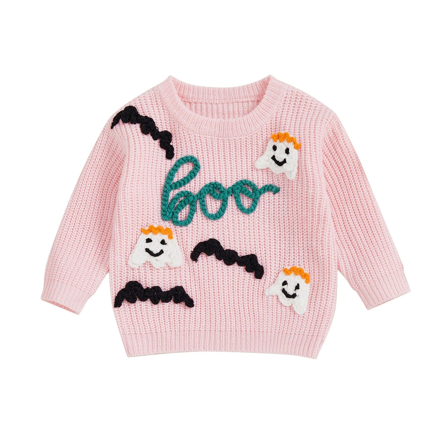 Baby Toddler Girls Halloween Sweater Long Sleeve Round Neck Letter Boo Ghost Embroidery Knit Pullover Top