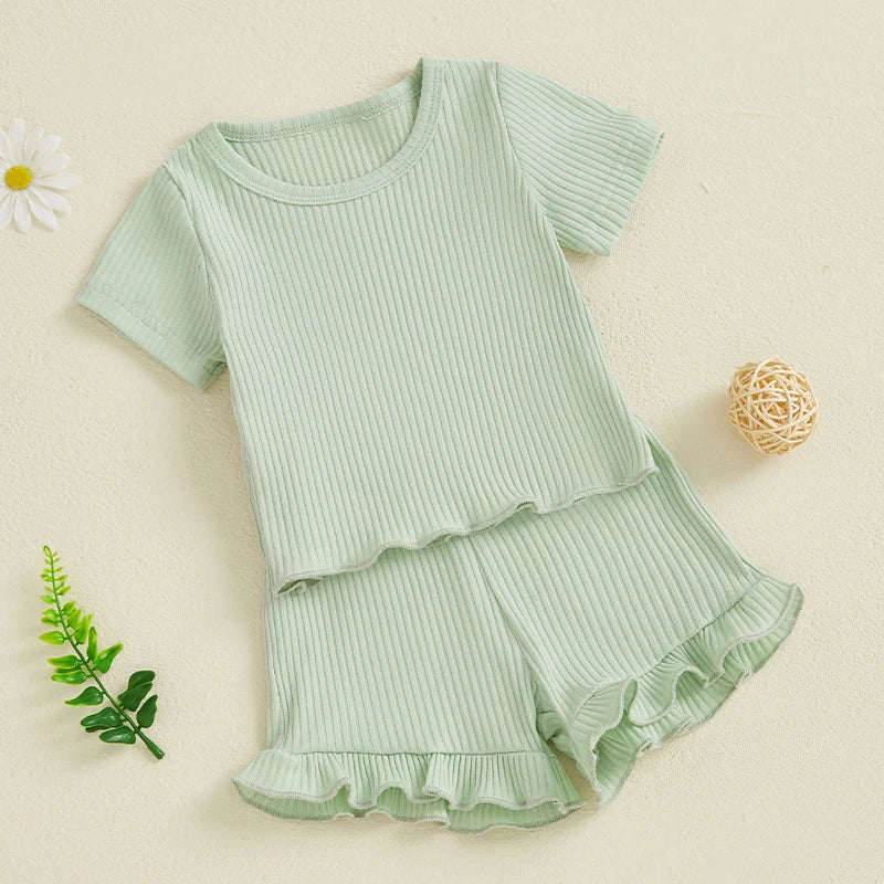 Baby Toddler Girls 2Pcs Ribbed Outfit Solid Color Short Sleeve T-Shirt Top Elastic Waist Ruffle Shorts Set