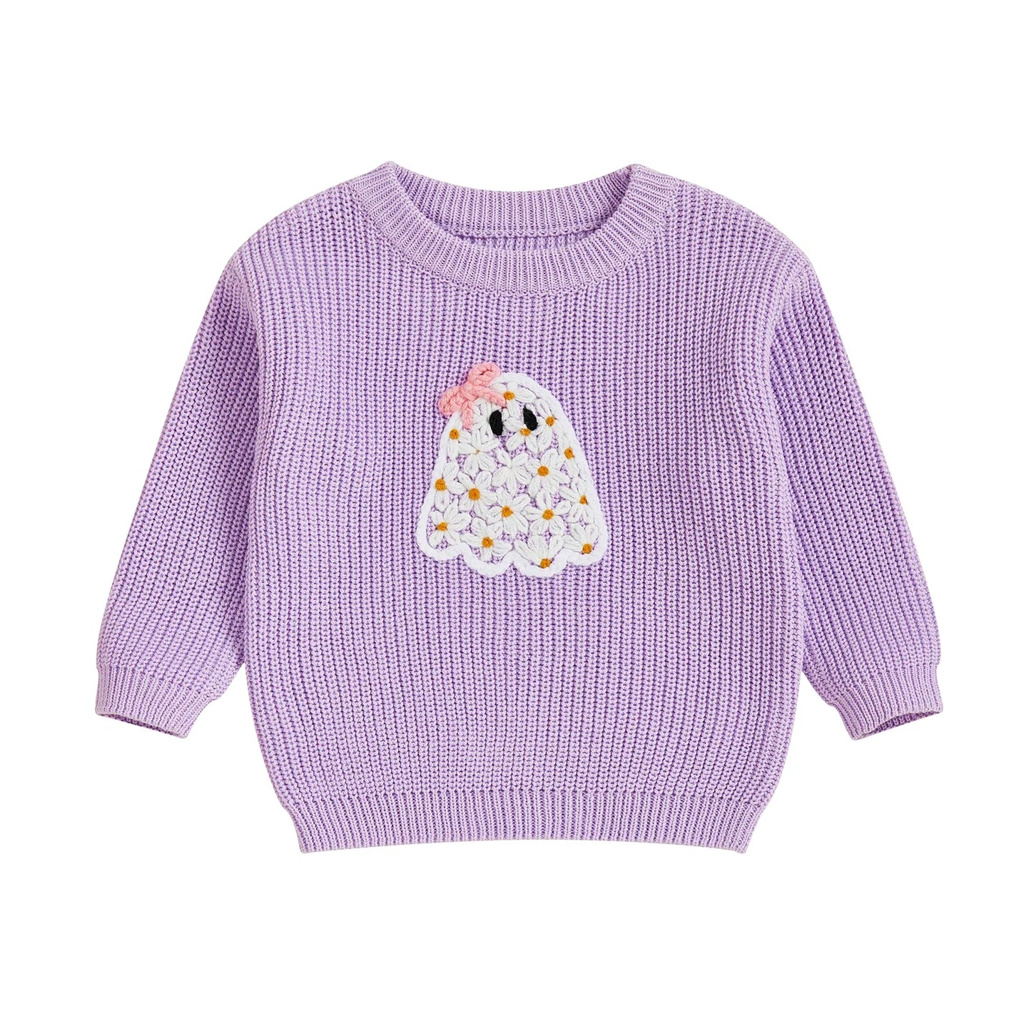 Baby Toddler Kids Girl Halloween Sweater Long Sleeve Round Neck Ghost Flower Embroidery Knit Pullover Top