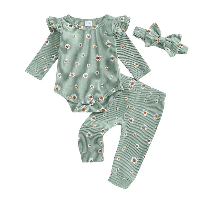 Baby Girls 3Pcs Ribbed Outfit Daisy Flower Print Long Sleeve Romper Elastic Waist Pants Headband Fall Set