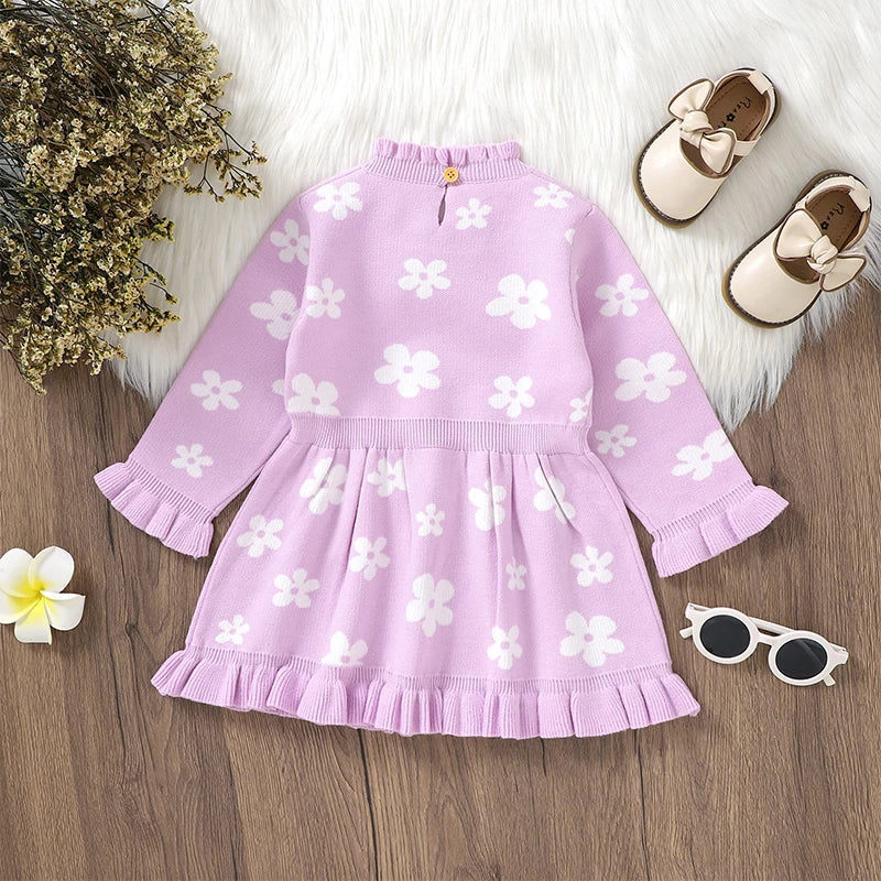 Baby Toddler Girl Long Sleeve Flower Floral Print Ruffle Sweater A-Line Dress