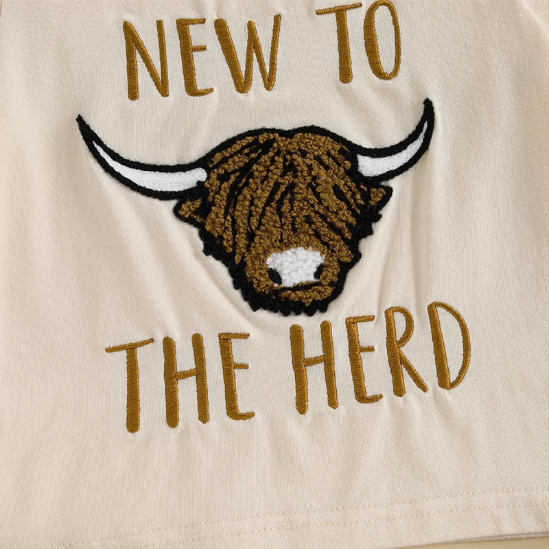 Baby Toddler Boys 2Pcs New To The Herd Summer Outfit Letter Cow Embroidery Round Neck Short Sleeve T-Shirt Top Elastic Waist Shorts Set