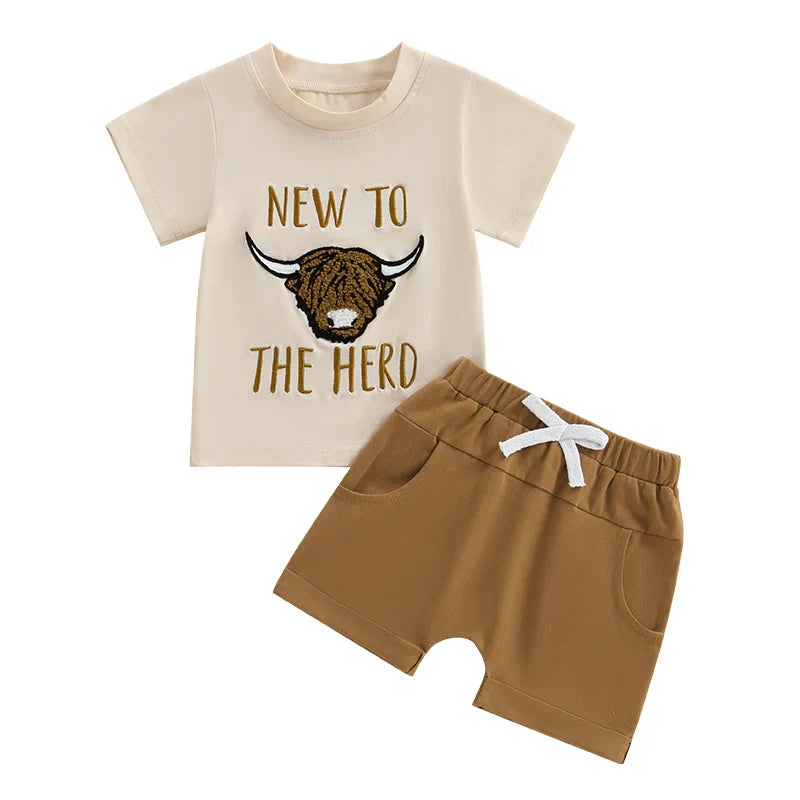 Baby Toddler Boys 2Pcs New To The Herd Summer Outfit Letter Cow Embroidery Round Neck Short Sleeve T-Shirt Top Elastic Waist Shorts Set