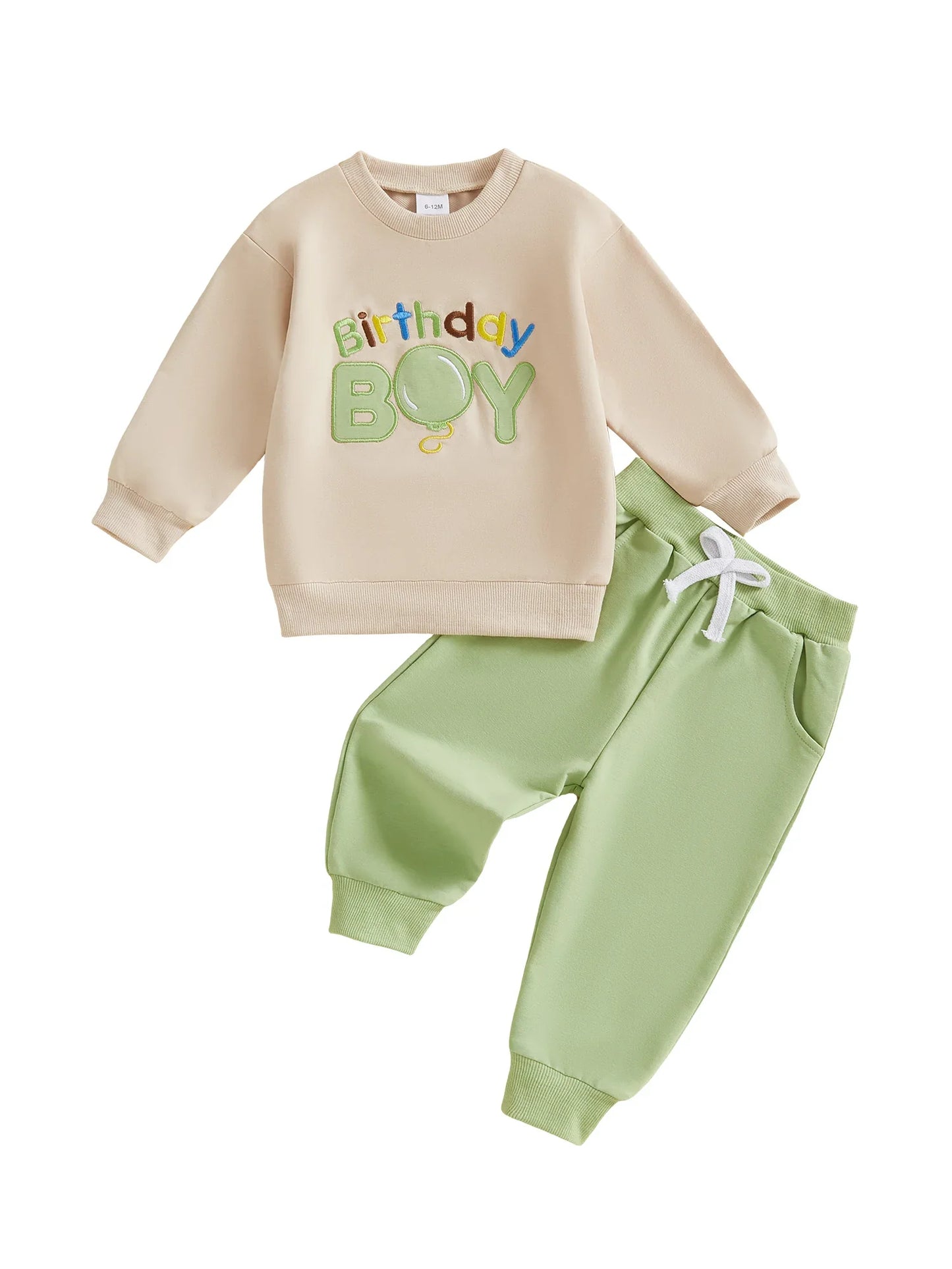 Baby Toddler Boy 2Pcs Birthday Boy Outfit Letter Ballon Embroidery Long Sleeve Pullover Crewneck Top Elastic Waist Solid Pants Jogger Set