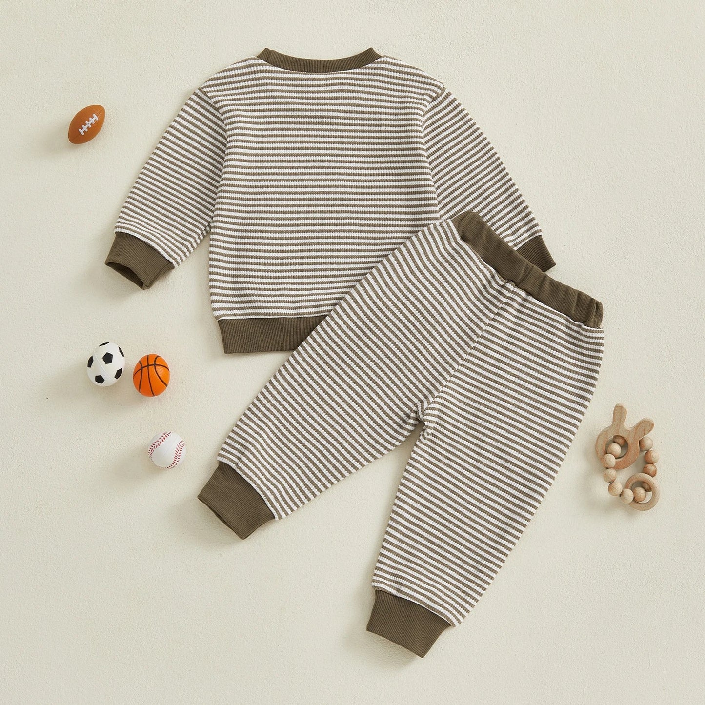 Baby Toddler Boys 2Pcs Fall Outfit Rugby Embroidery Striped Long Sleeve Top and Elastic Pants Clothes Set