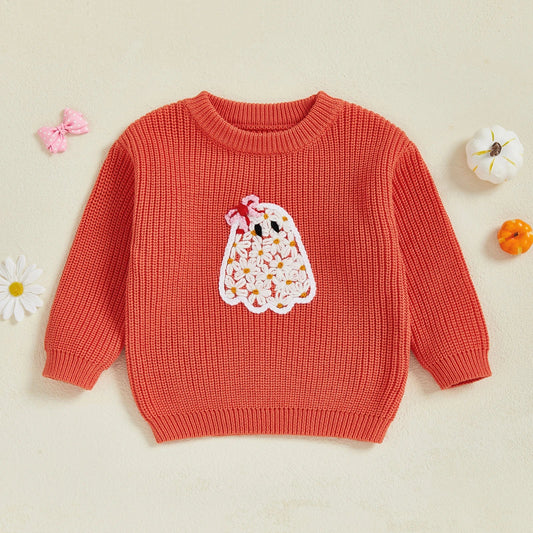 Baby Toddler Kids Girl Halloween Sweater Long Sleeve Round Neck Ghost Flower Embroidery Knit Pullover Top