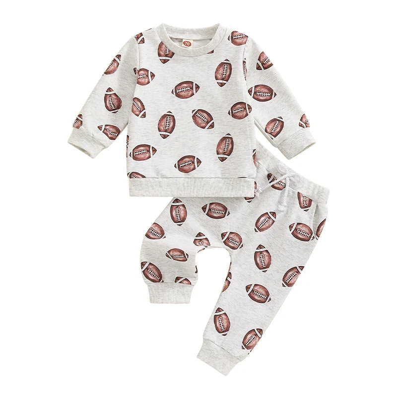 Baby Toddler Boys Girls 2Pcs Football Print Long Sleeve Round Neck Top Drawstring Pockets Pants Set