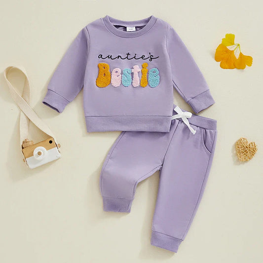 Baby Toddler Girls 2Pcs Auntie's Bestie Outfit Long Sleeve Crew Neck Embroidery Letter Top with Elastic Waist Pants Clothes Jogger Set
