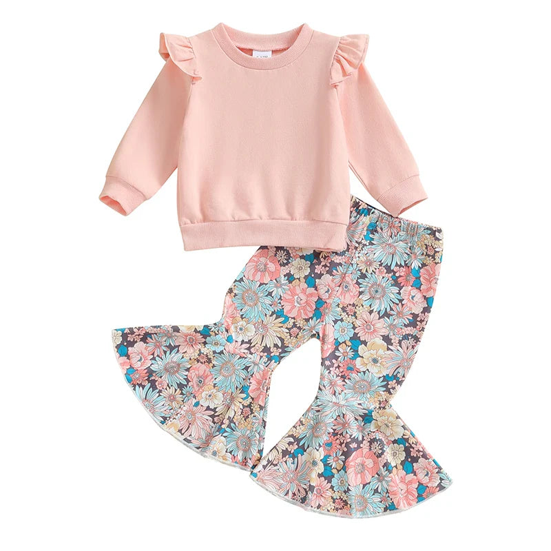 Baby Toddler Girls 2Pcs Outfit Fly Long Sleeve Round Neck Top Floral Flower / Butterfly / Strawberry Print Flared Pants Set