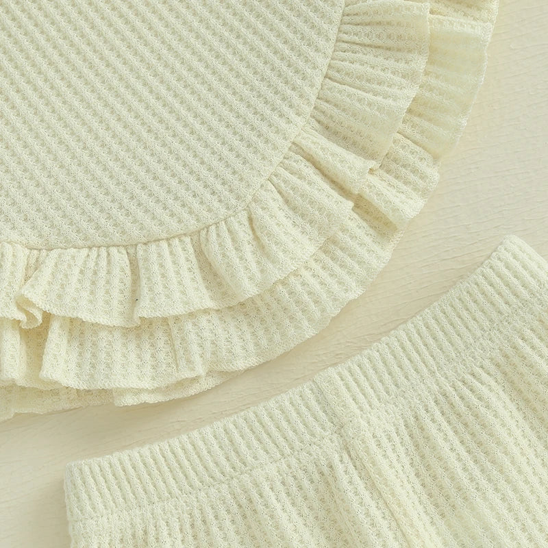 Baby Toddler Girl 2Pcs Summer Outfit Solid Waffle Round Neck Ruffled Tank Top with Long Pants Set