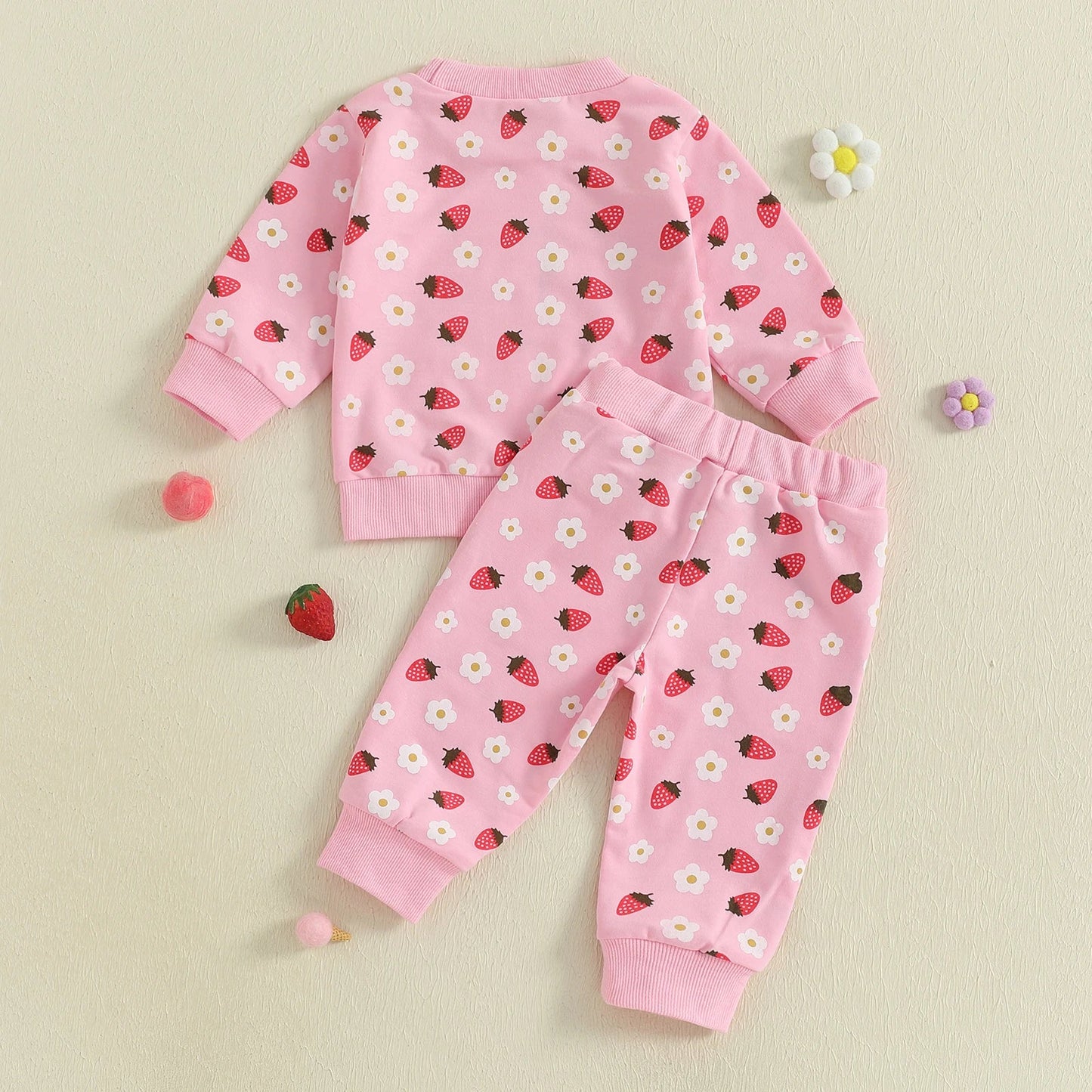 Baby Toddler Girl 2Pcs Fall Outfit Strawberry Flower Print Crew Neck Long Sleeve Top with Jogger Pants Set