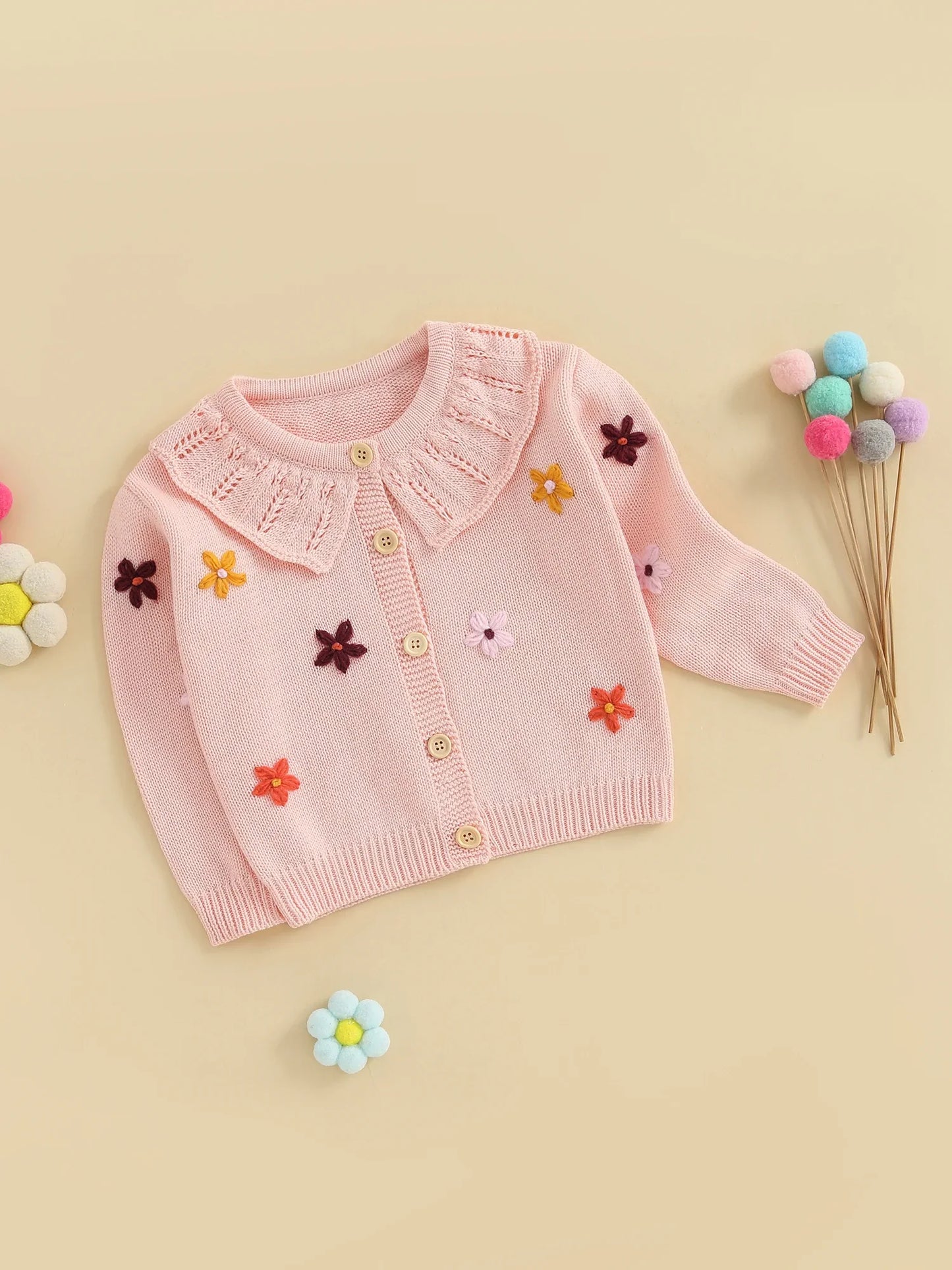 Baby Toddler Girls Cardigan Sweater 3D Flower Design Button Down Long Sleeve Knitted Top