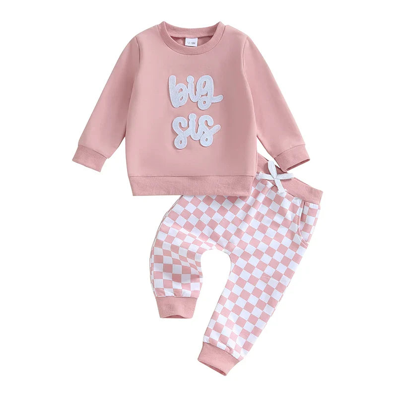 Baby Toddler Kids 2Pcs Big Sis / Bro Fall Outfit Long Sleeve Letter Embroidery Pullover + Checkered Pants Set