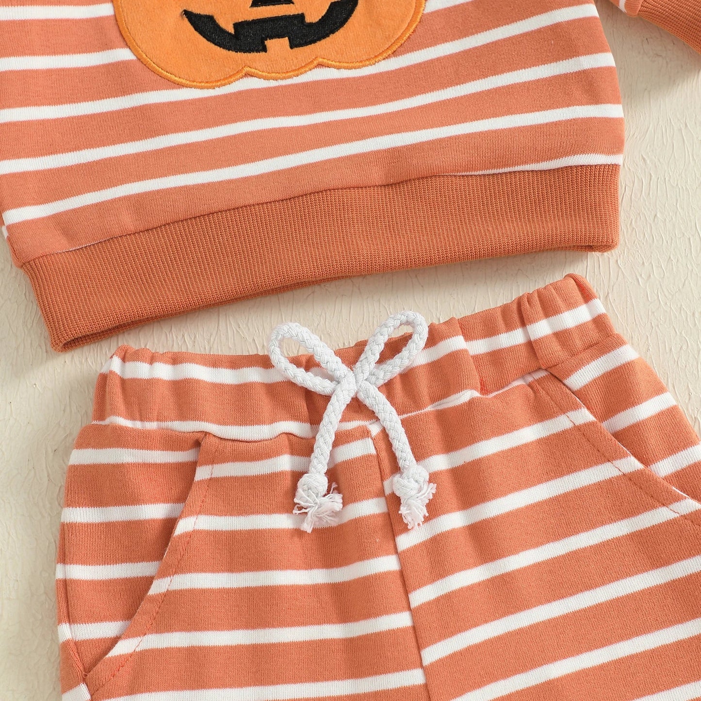 Baby Toddler Boys 2Pcs Halloween Outfit Stripe Pumpkin Embroidery Long Sleeve Top and Long Jogger Pants Clothes Set