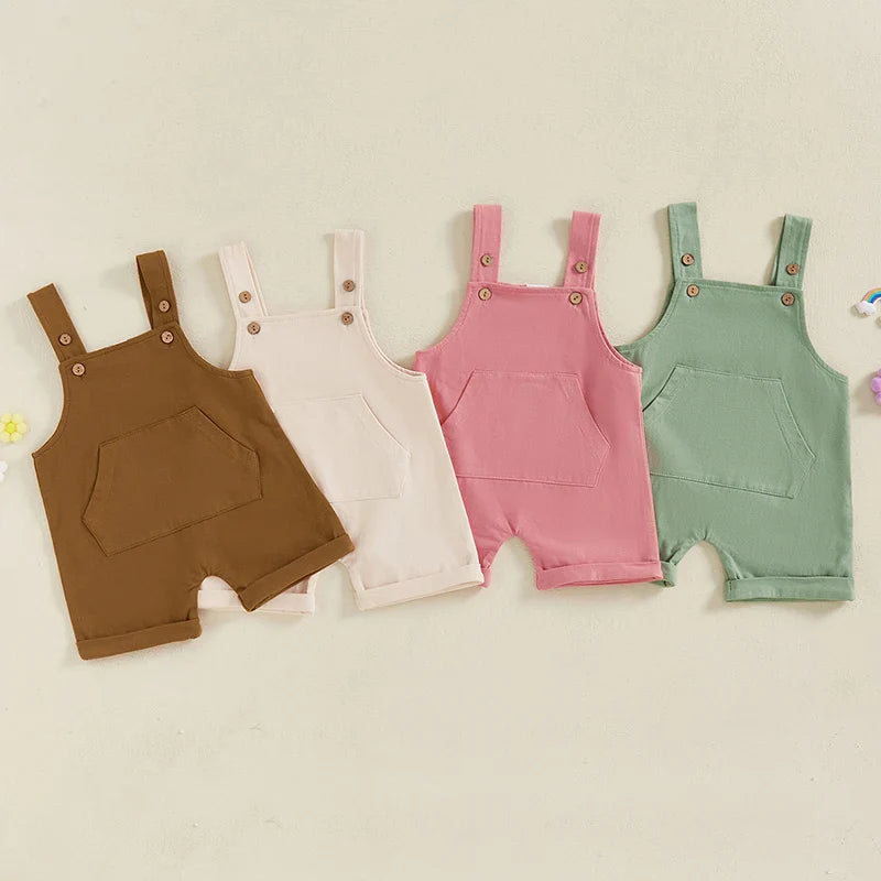 Baby Toddler Boys Girls Overalls Tank Sleeveless Square Neck Front Pocket Suspender Shorts Romper