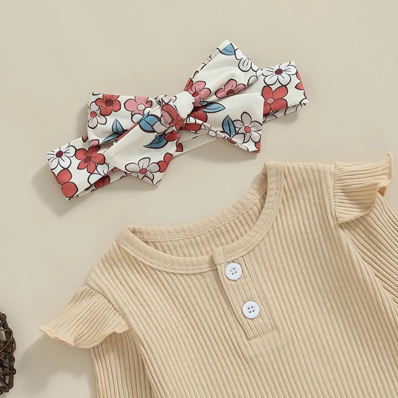 Baby Girls 3Pcs Fall Outfit Ruffle Ribbed Long Sleeve Romper Flower Flare Pants Tie Headband Set