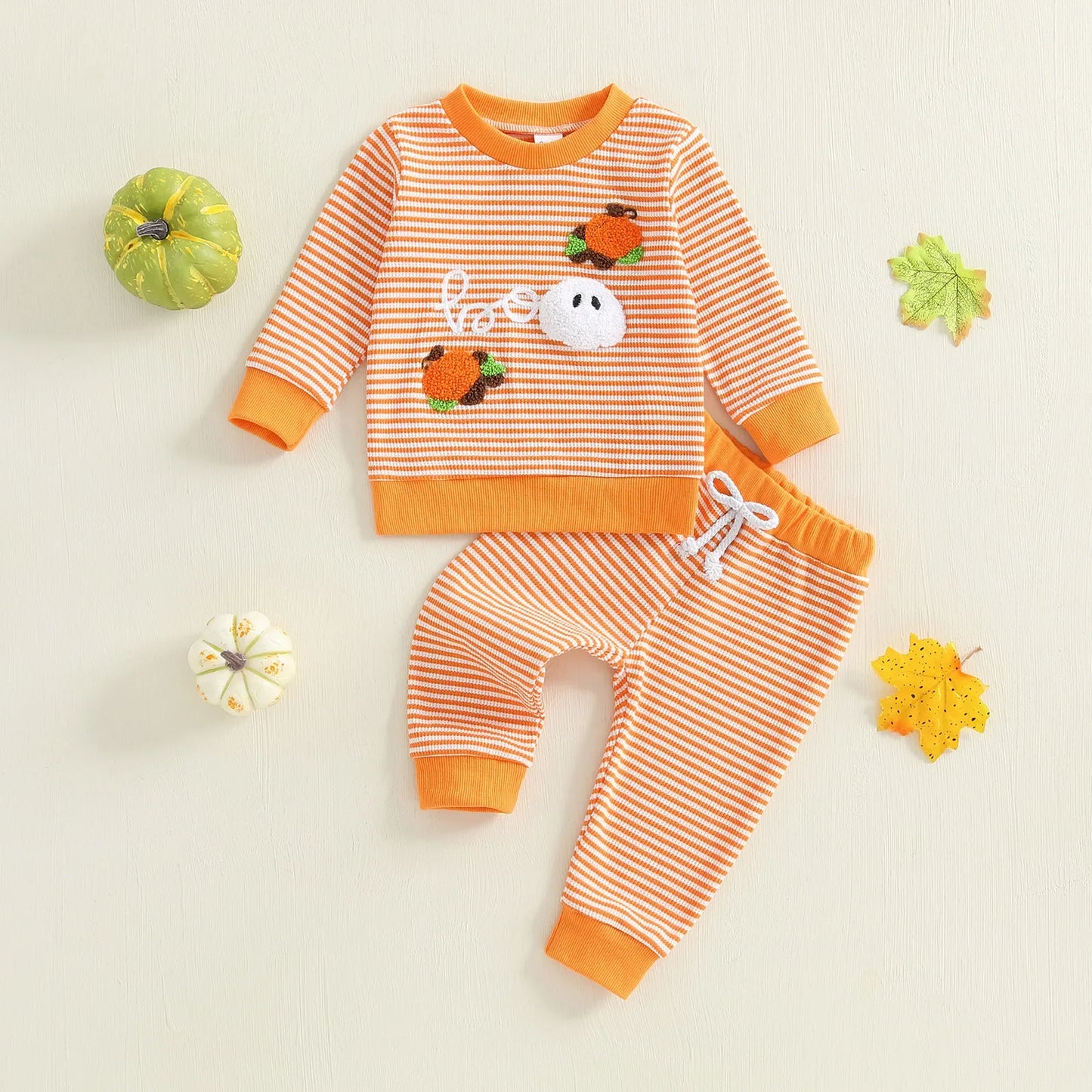 Baby Toddler Boy Girl 2Pcs Halloween Outfit Pumpkin Embroidery Boo Ghost Striped Long Sleeve Top and Elastic Jogger Pants Set
