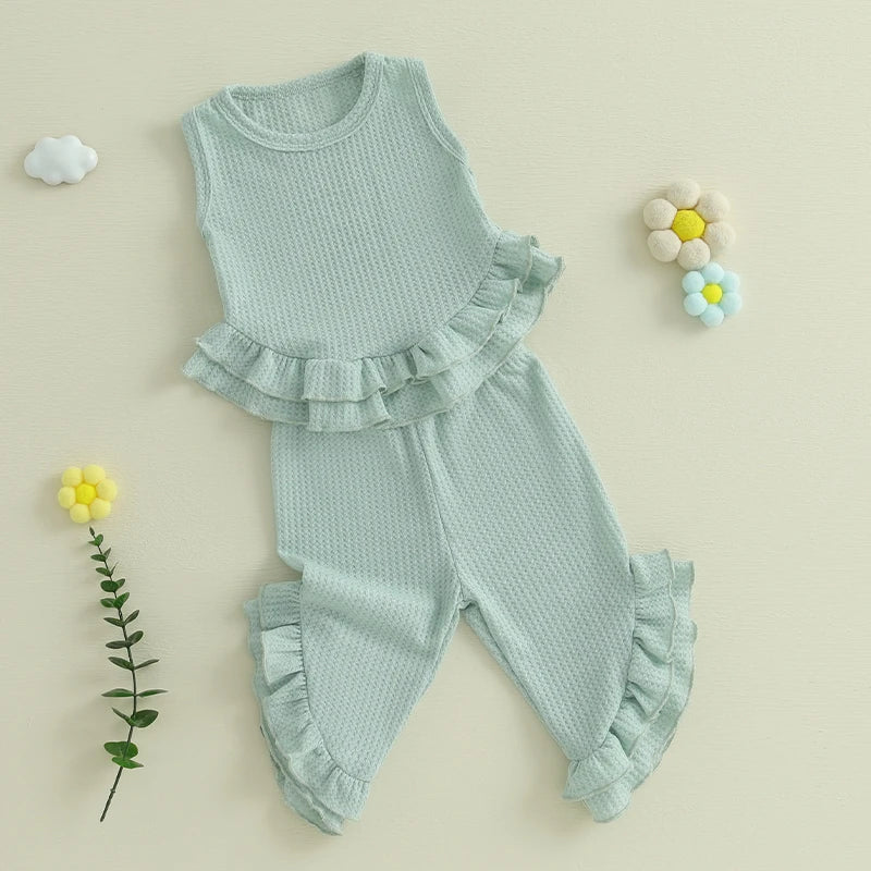 Baby Toddler Girl 2Pcs Summer Outfit Solid Waffle Round Neck Ruffled Tank Top with Long Pants Set