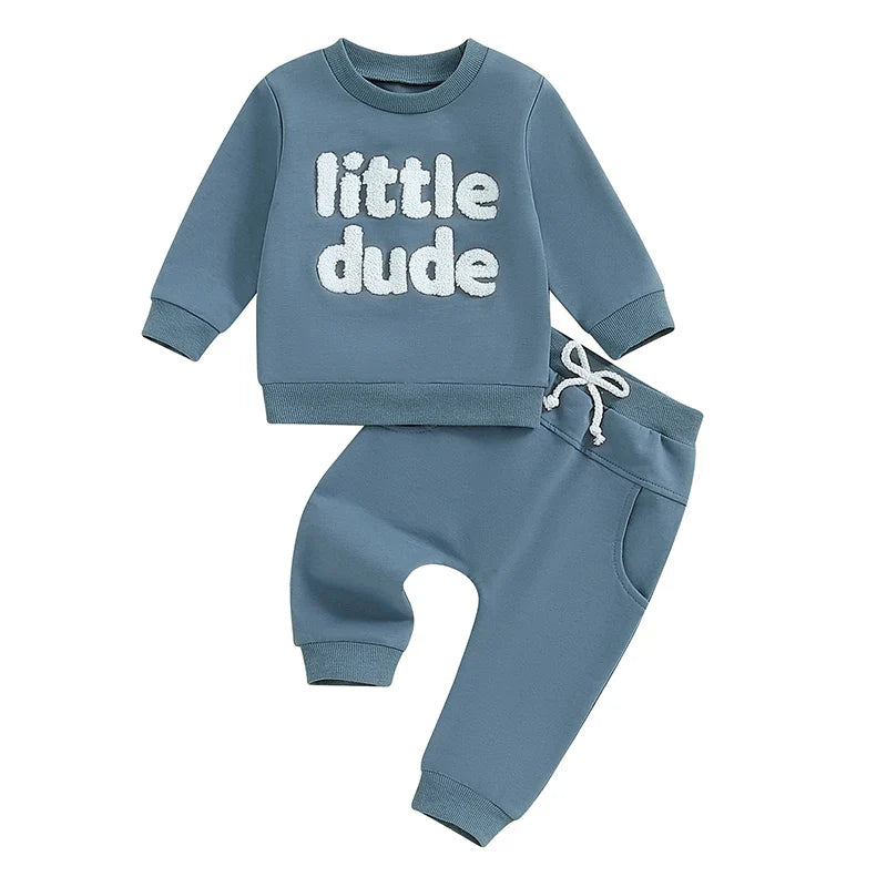 Baby Toddler Boys 2Pcs Little Dude Fall Outfit Long Sleeve Letter Embroidery Top + Pocket Pants Set