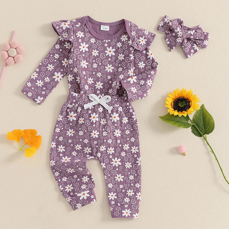 Baby Girl 3Pcs Spring Fall Outfit Floral Print Long Frill Sleeve Romper Long Flower Pants Headband Set