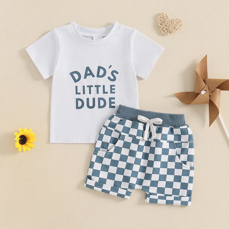 Baby Toddler Boys 2Pcs Dad's Little Dude Summer Outfit Letter Print Short Sleeve T-Shirt Top and Elastic Checkered Print Shorts Set