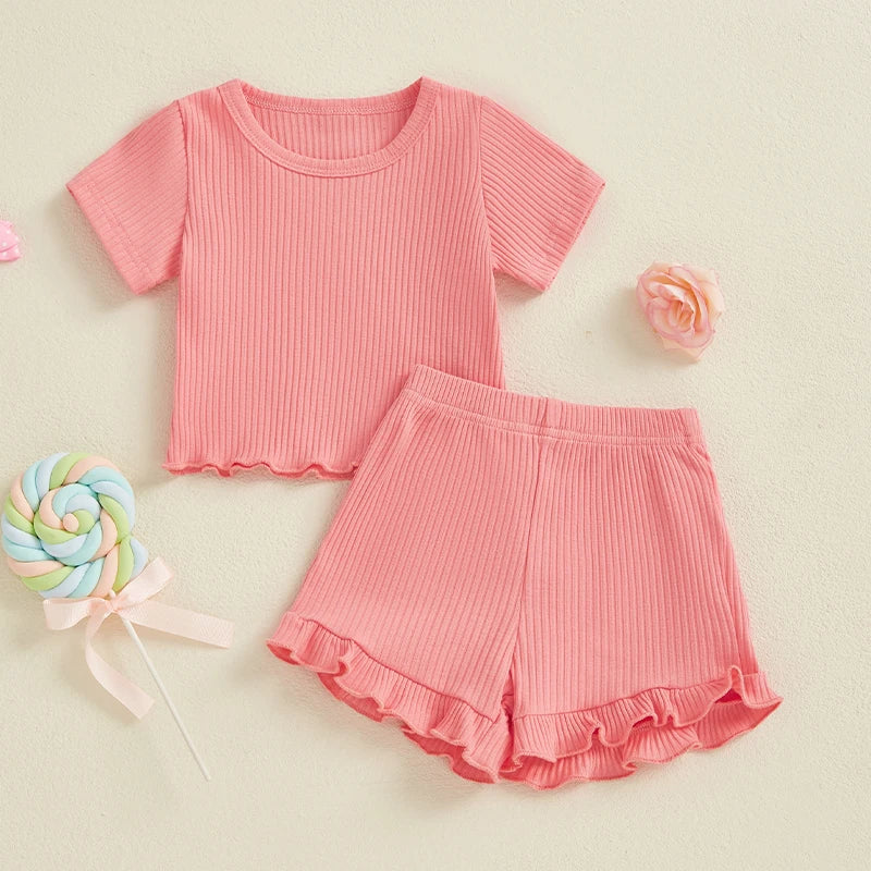 Baby Toddler Girls 2Pcs Ribbed Outfit Solid Color Short Sleeve T-Shirt Top Elastic Waist Ruffle Shorts Set