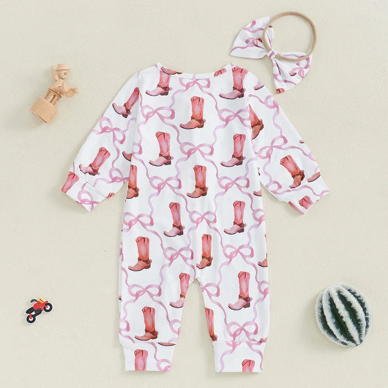 Baby Girl 2Pcs Fall Jumpsuit Ruffled Zip Up Boots Ribbons Print Long Sleeve Round Neck Zipper Romper Bow Headband Set