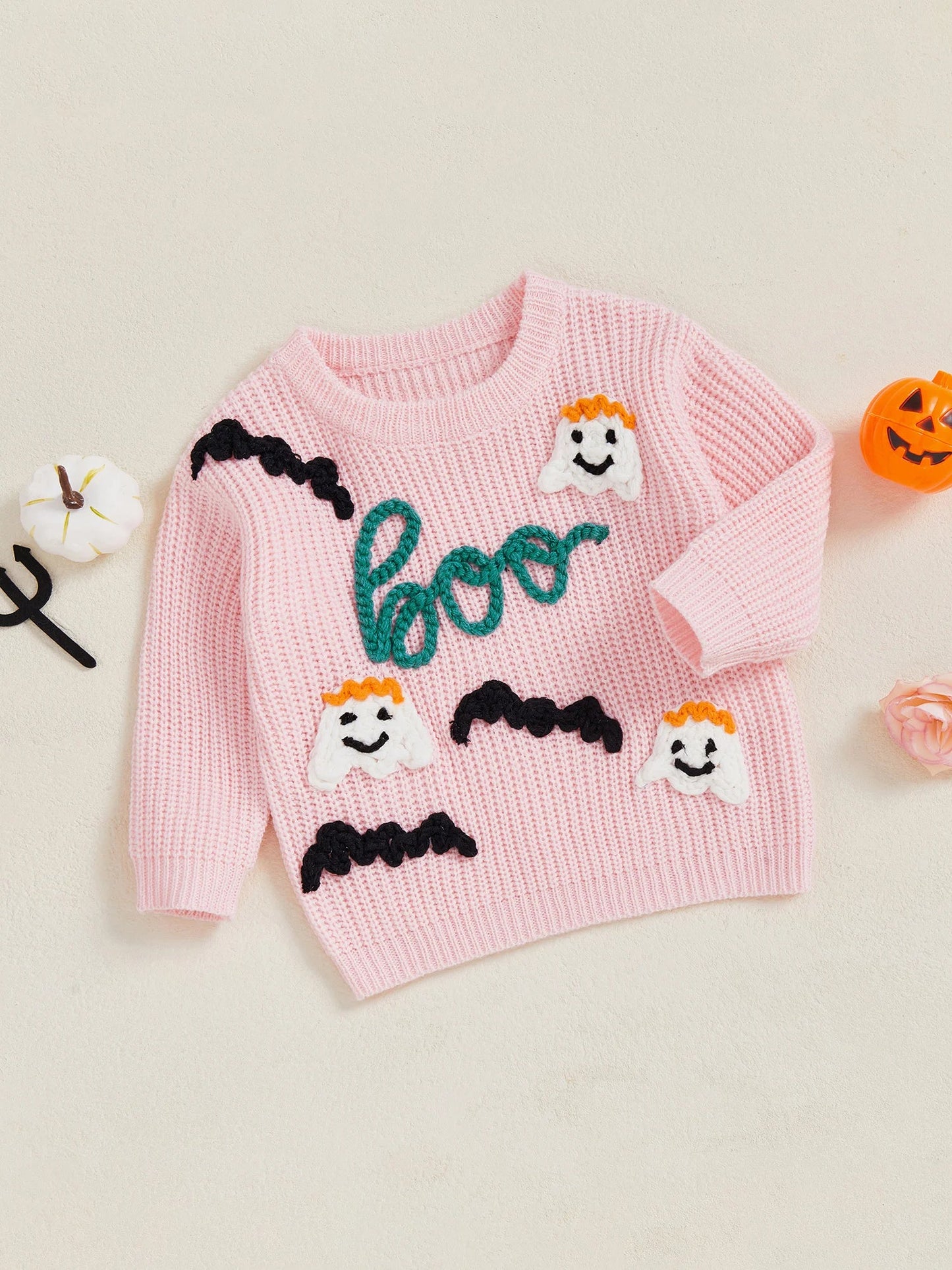 Baby Toddler Girls Halloween Sweater Long Sleeve Round Neck Letter Boo Ghost Embroidery Knit Pullover Top