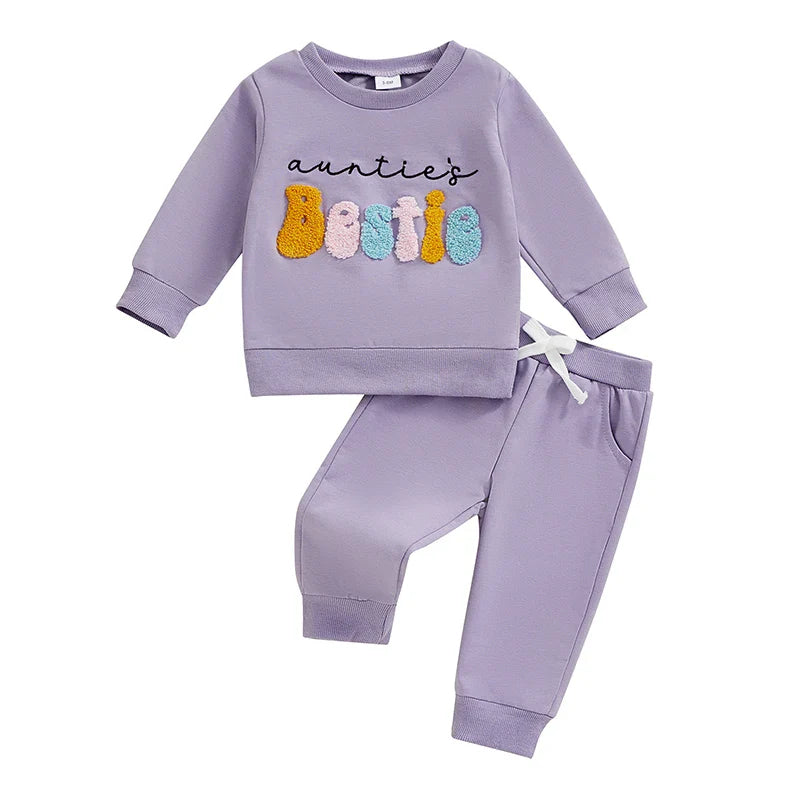 Baby Toddler Girls 2Pcs Auntie's Bestie Outfit Long Sleeve Crew Neck Embroidery Letter Top with Elastic Waist Pants Clothes Jogger Set