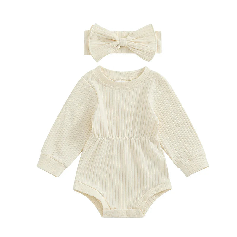 Baby Girls Spring Fall Solid Color Round Neck Long Sleeve Ribbed Romper Bow Headband Set