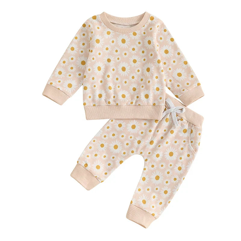 Baby Toddler Girls 2Pcs Fall Outfit Daisy Flower Print Long Sleeve Crewneck Top and Elastic Pants Jogger Set